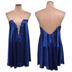 Francesca’s Collection Dress Size Large Blue Silver Rhinestone Caged Plunge Neck